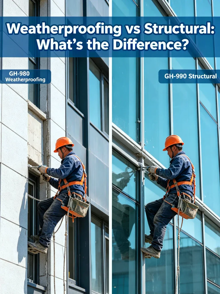 Engineers applying structural and weatherproofing silicone sealant on building curtain wall glass
